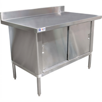 Omcan 48 Inch x 30 Inch Enclosed Work Table with Sliding Doors, 18-Gauge Stainless Steel Top, and 4 Inch Backsplash