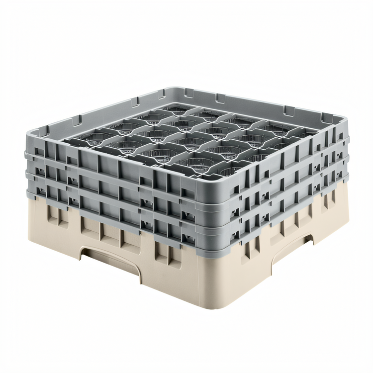 Product image #2 for Cambro Camrack Full-Size Low-Profile 36-Compartment Glass Rack with 2 Soft Gray Extenders, Beige