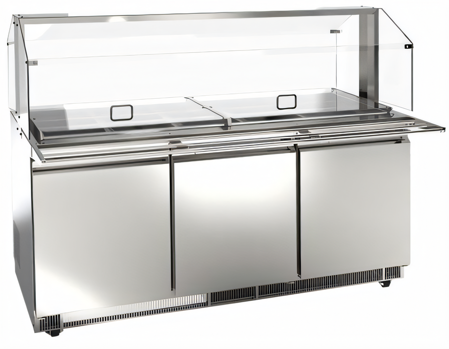 Product image #1 for Omcan 72-Inch Stainless Steel Three-Section Refrigerated Prep Table, Rear-Mount Self-Contained