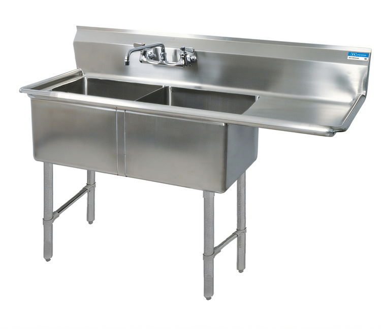 Product image #1 for BK Resources Two-Compartment Stainless Steel Sink with Right-Hand Drainboard, 18 x 18 x 14 Bowls