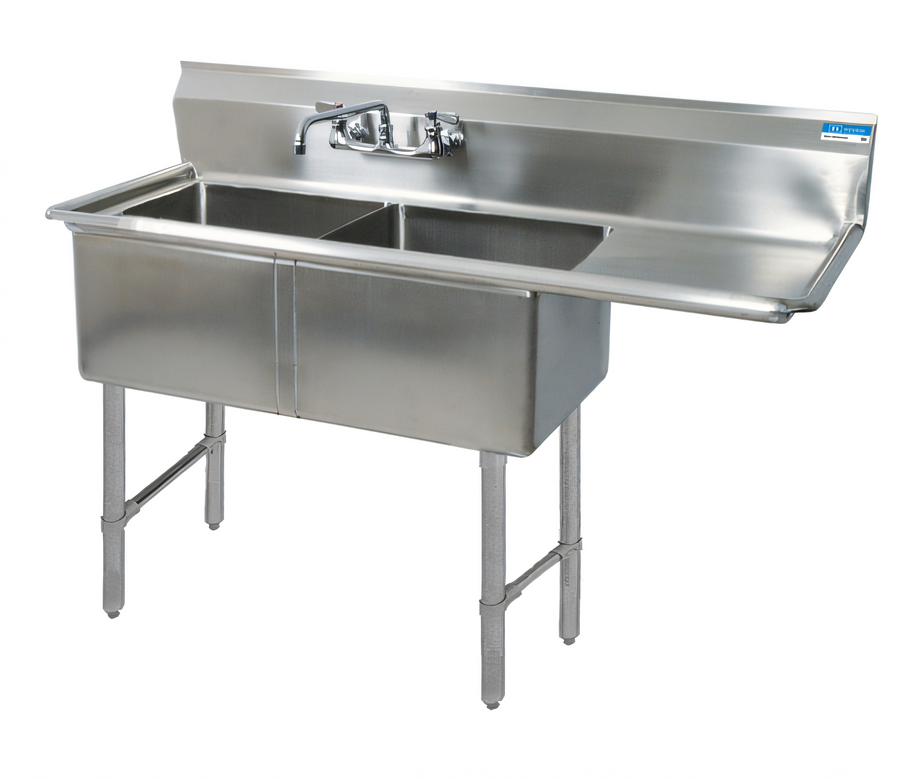 Product image #1 for BK Resources Two Compartment Stainless Steel Sink with 24-Inch Right-Hand Drainboard and 10-Inch Backsplash