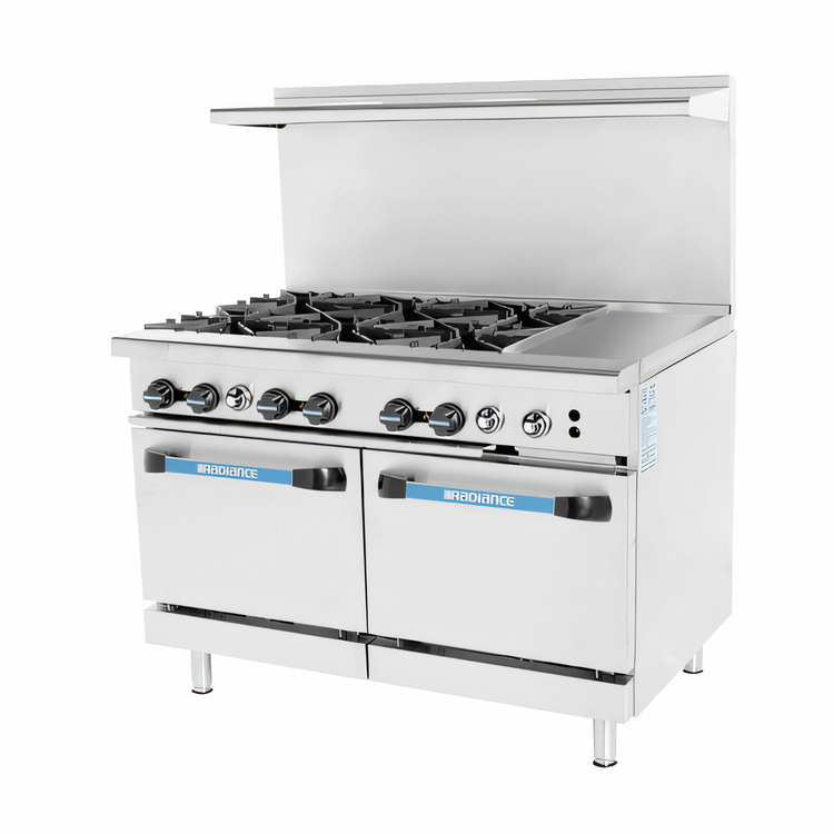 Product image #1 for Turbo Air Radiance 48-Inch Commercial Gas Range with 6 Open Burners, 12-Inch Griddle, and 2 Standard Ovens