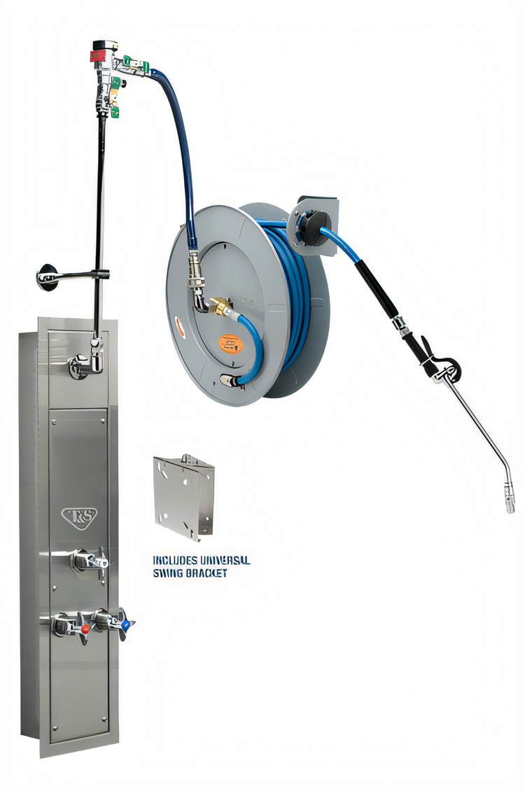 Product image #1 for T&S Brass 50-Foot Open Retractable Hose Reel with Stainless Steel Surface-Mount Cabinet, Mixing Valve and Vacuum Breaker