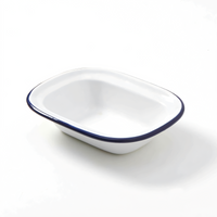 American Metalcraft 8 oz. Oblong Enamelware Bowl, White with Blue Rim