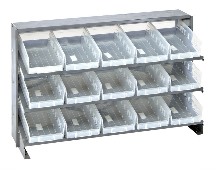Product image #1 for Quantum Sloped Bench-Style Pick Rack with 3 Shelves and 15 Clear Bins, 36 Inch Wide