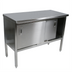 Thumbnail image #1 for John Boos Cabinet Base Enclosed Work Table with Sliding Doors, 108 x 30 Inch, 14-Gauge 300-Series Stainless Steel Flat Top
