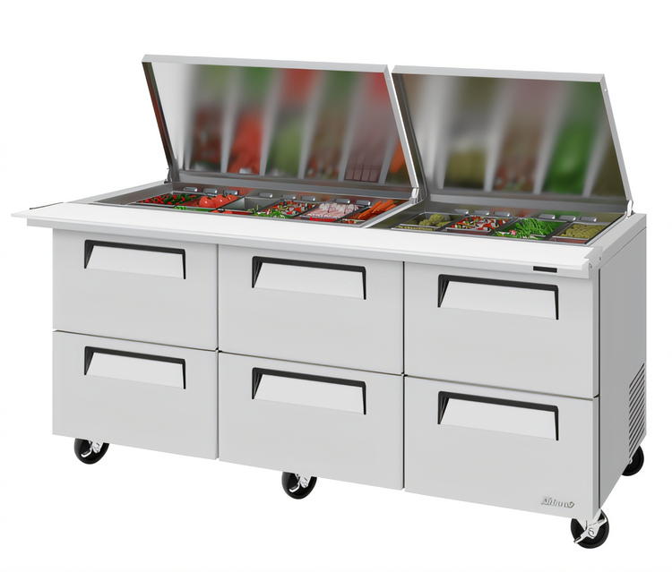Product image #1 for Turbo Air Super Deluxe 72-5/8-Inch Three-Section Refrigerated Mega Top Sandwich/Salad Prep Table, 6 Drawers, Flat Lid