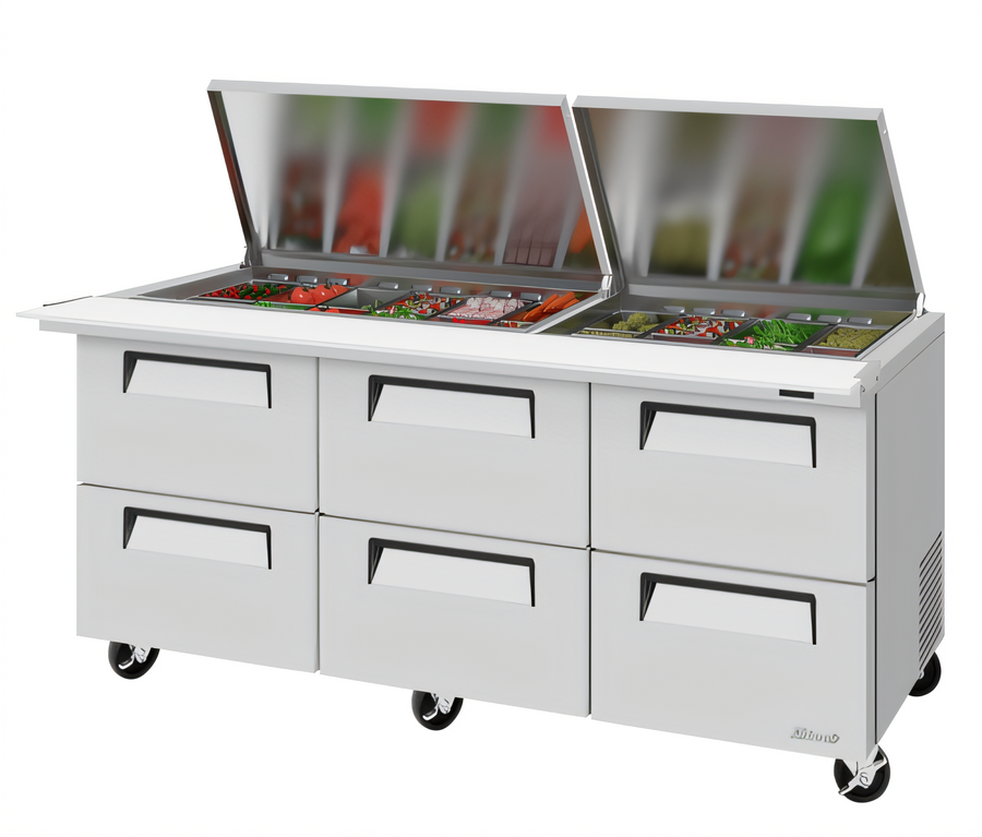 Product image #1 for Turbo Air Super Deluxe 72-5/8-Inch Three-Section Refrigerated Mega Top Sandwich/Salad Prep Table, 6 Drawers, Flat Lid