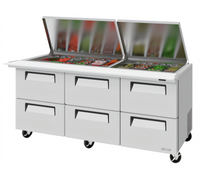 Turbo Air Super Deluxe 72-5/8-Inch Three-Section Refrigerated Mega Top Sandwich/Salad Prep Table, 6 Drawers, Flat Lid