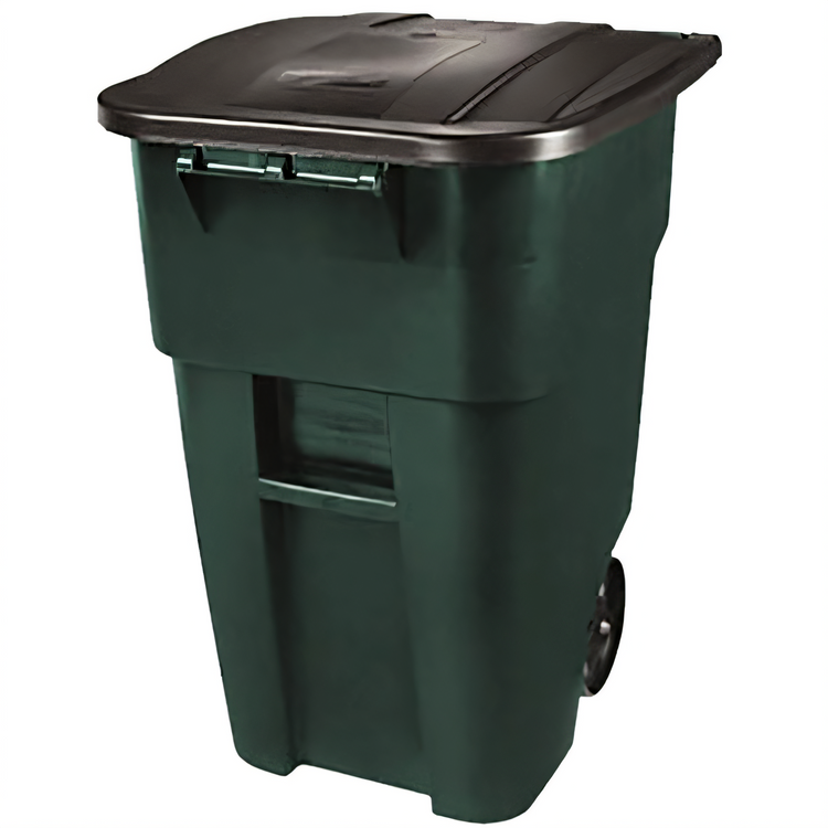 Product image #1 for Rubbermaid Commercial BRUTE 50 Gallon Roll-Out Trash Container with Hinged Lid, Green